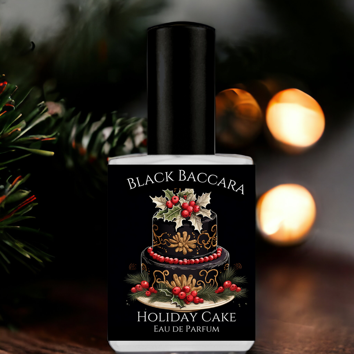 a bottle of christmas themed holiday cake perfume