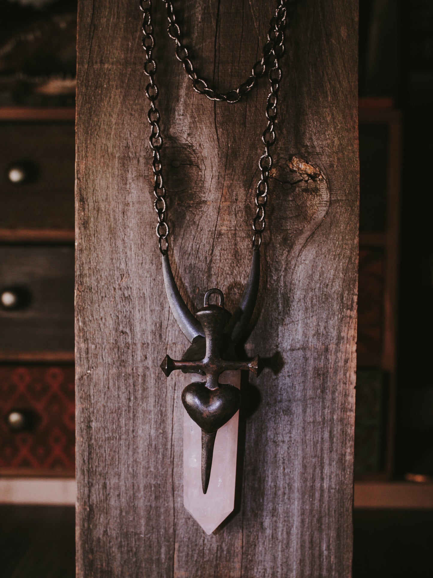 Massive Heart And Dagger Rose Quartz Statement Necklace