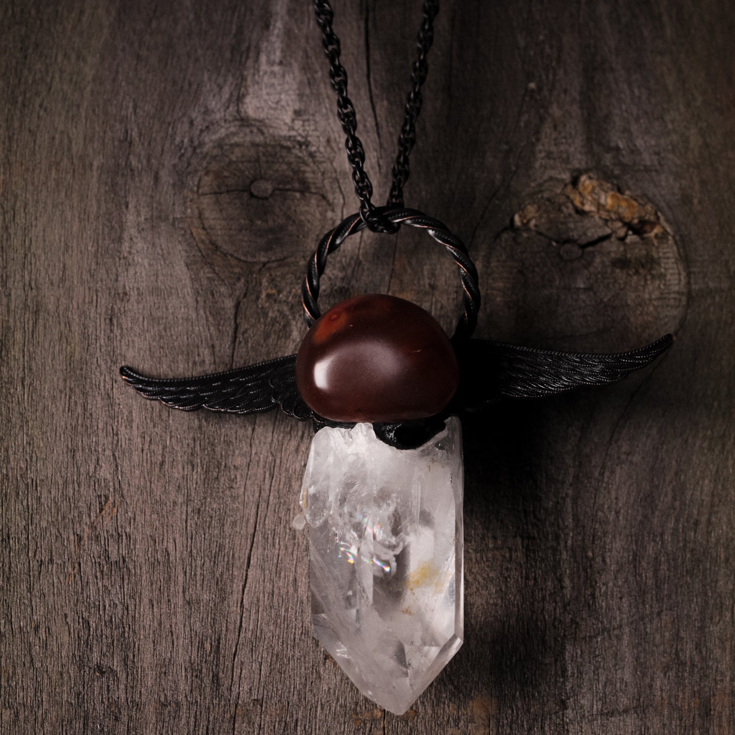 Winged Lemurian Seed Quartz And Carnelian Statement Necklace