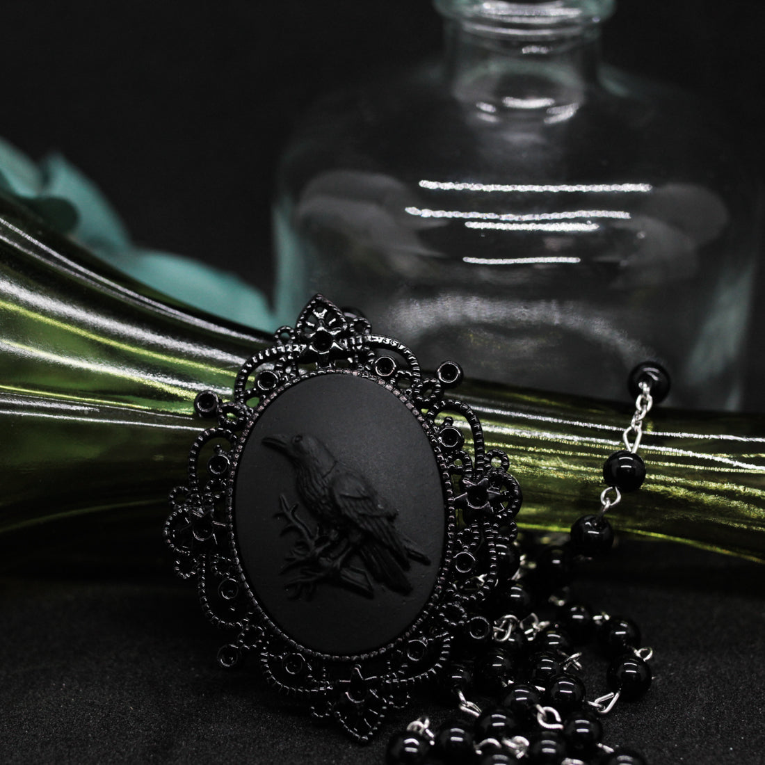 Raven Cameo Rosary Necklace