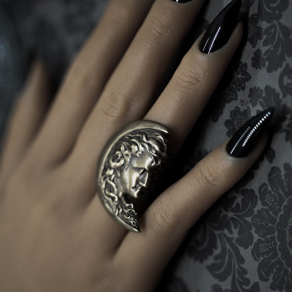 Antique Brass Moon Goddess Statement Ring