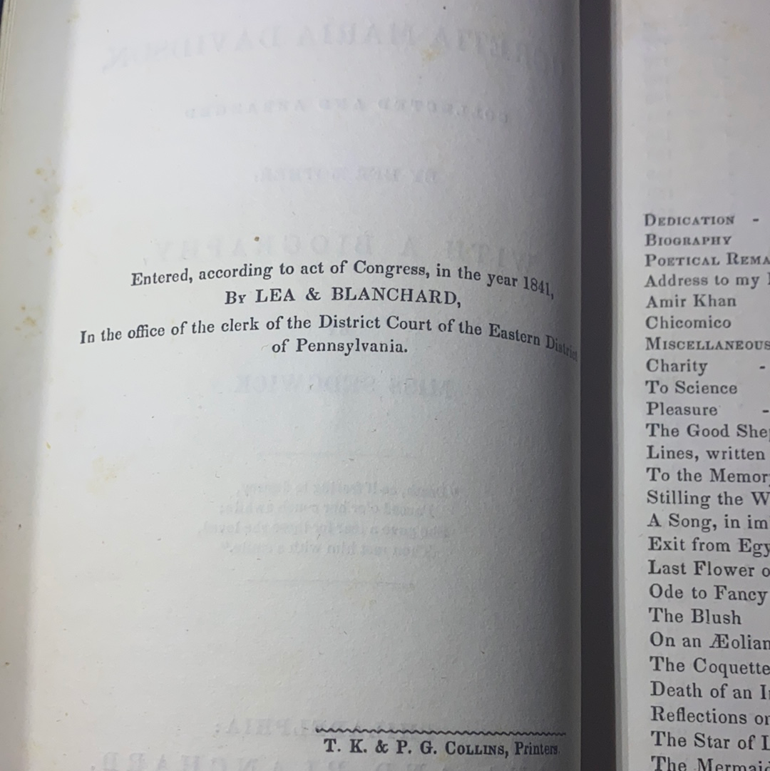 Biography and Poetical Remains of the Late Lucretia Maria Davidson, 1841 (First Edition)