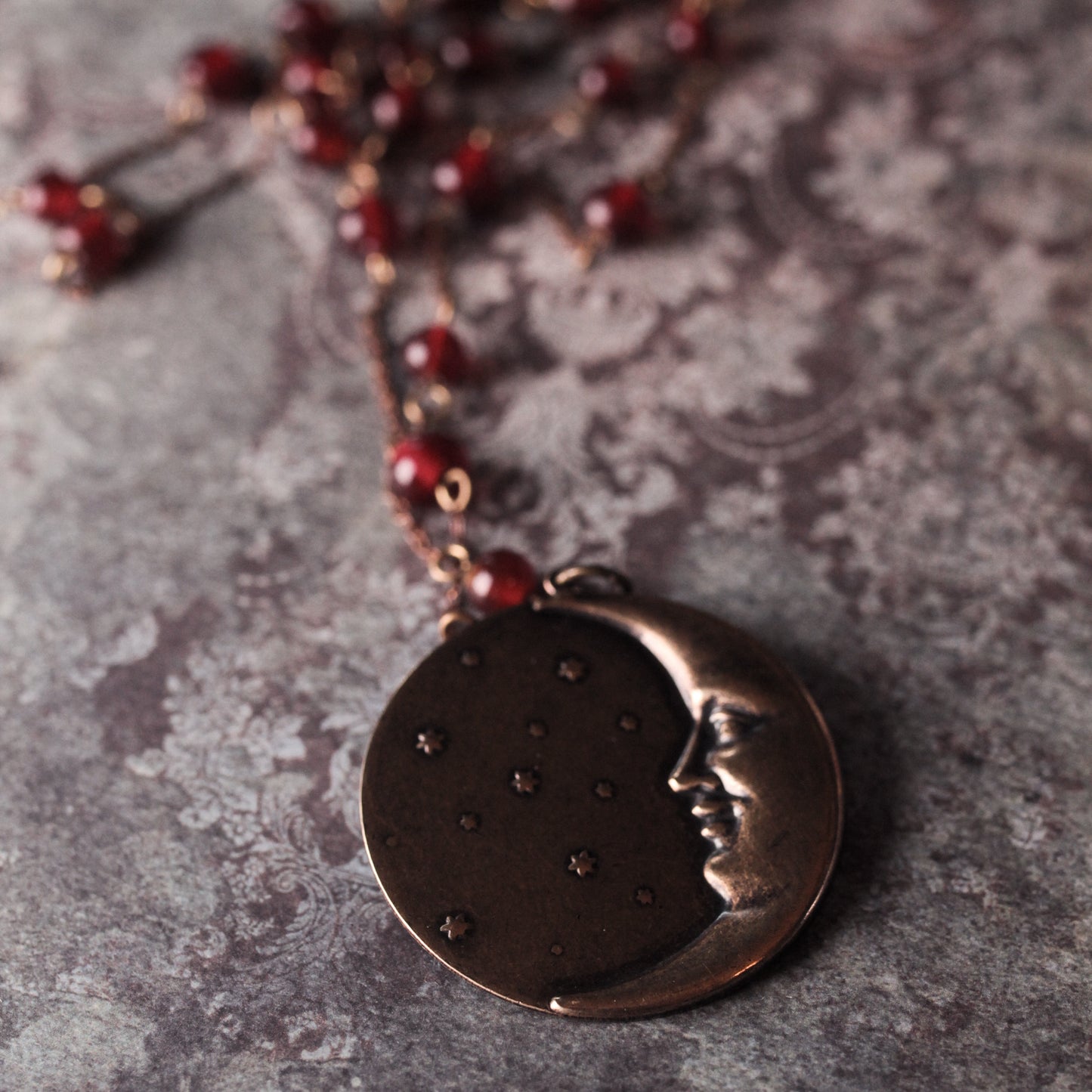 Moon And Stars On Antique Red Glass Statement Necklace