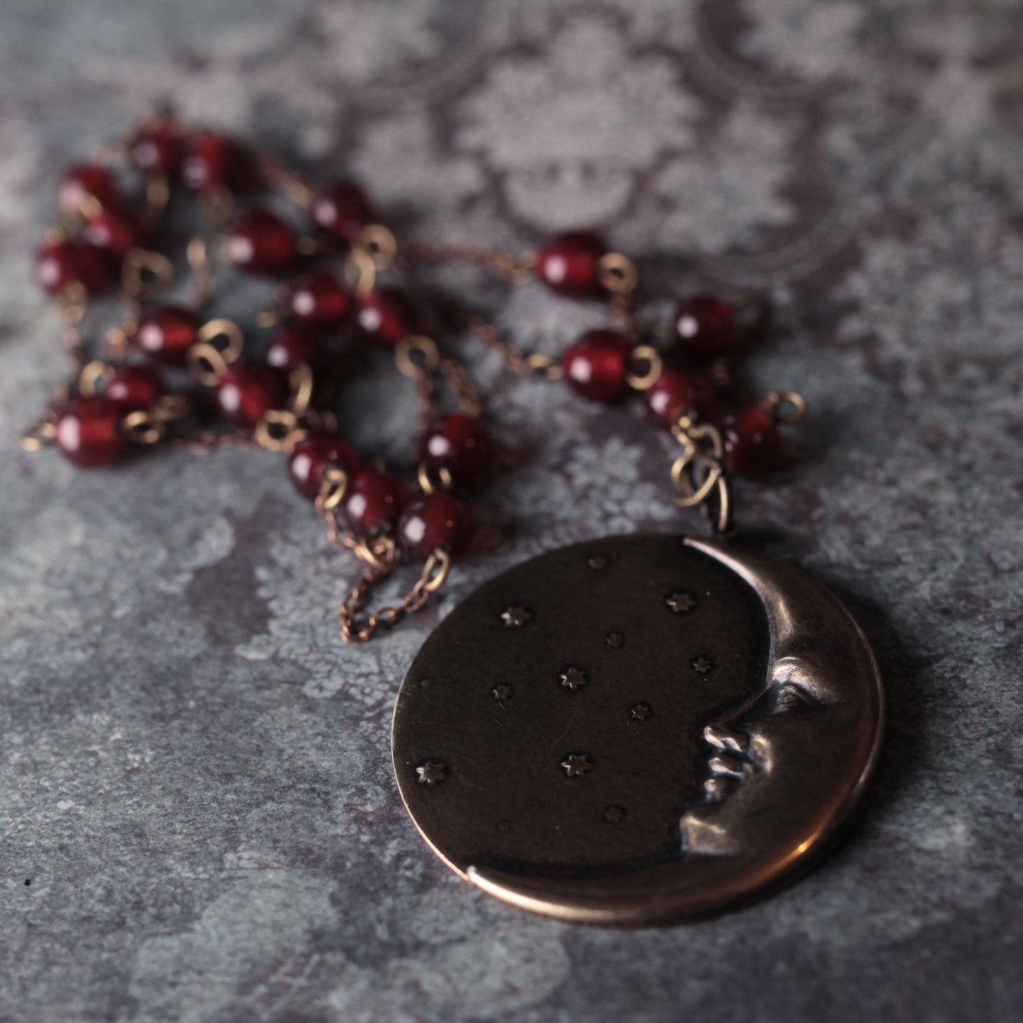 Moon And Stars On Antique Red Glass Statement Necklace